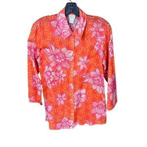 Sigrid Olsen Sport Blouse Pink Orange Floral Button Front 3 Quarter Sleeve Small